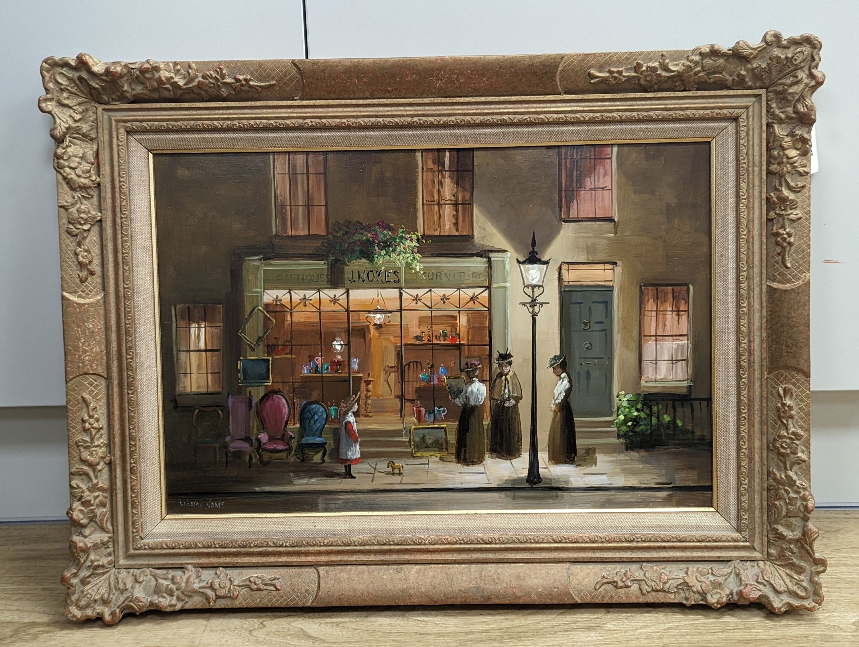 Deborah Jones (1921-2012), oil on board, Antiques shop, signed, 29 x 45cm